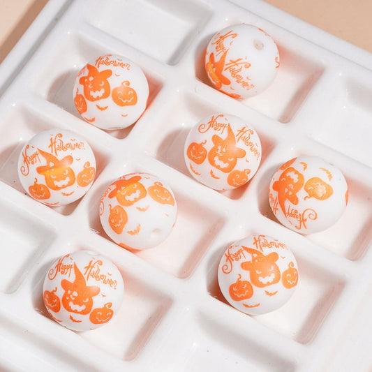 Halloween Evil Pumpkin and Text "Happy Halloween" Printed Silicone Beads 15MM