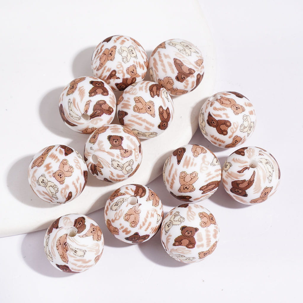 Printed Silicone Beads Soft Round with Bear Prints, 15MM