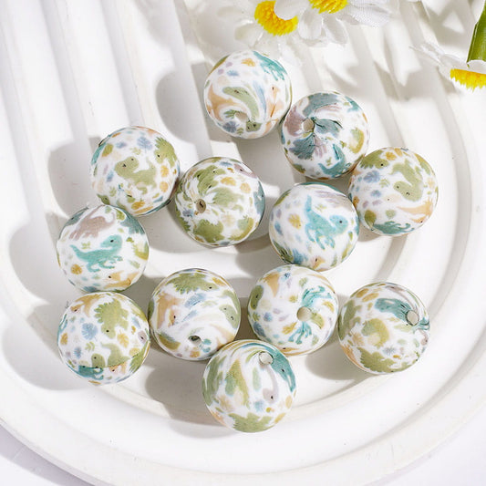 Printed Silicone Beads Soft Round with Dinosaurs Prints, 15MM