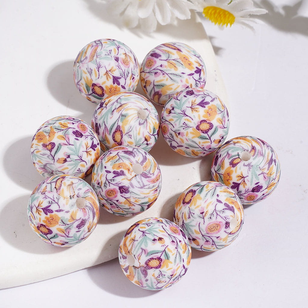 Printed Silicone Beads Soft Round with Purple Yellow Flower Floral Prints for Bracelets and Necklace, 15MM