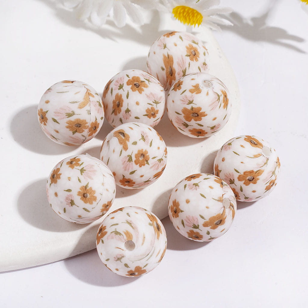 DIY Bracelets and Necklace - Printed Silicone Beads Soft Round with Light Pink Brown Flower Floral Prints, 15MM