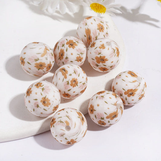 DIY Bracelets and Necklace - Printed Silicone Beads Soft Round with Light Pink Brown Flower Floral Prints, 15MM