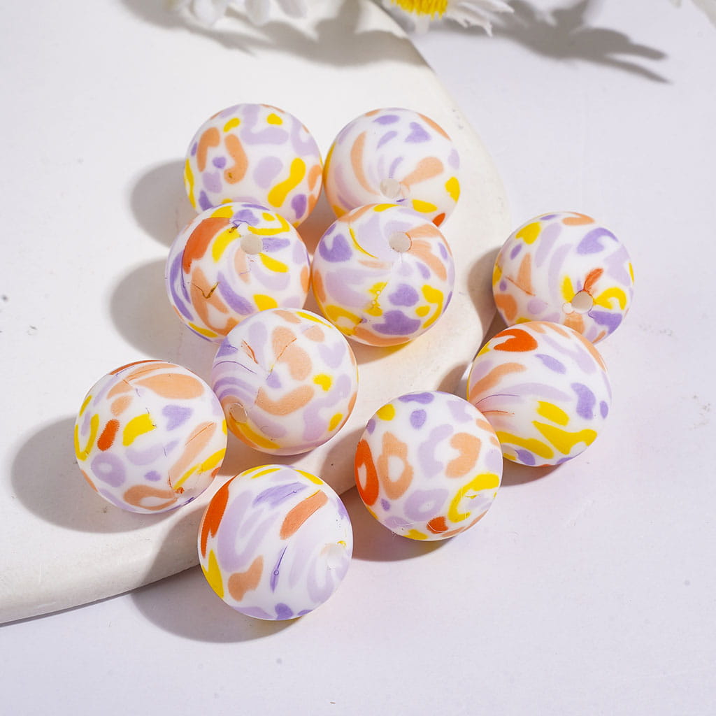 Printed Silicone Beads Soft Round with Various Colors Irregular Spots Prints, 15MM, for DIY Bracelets and Necklace