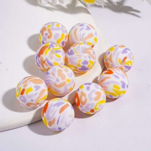 Printed Silicone Beads Soft Round with Various Colors Irregular Spots Prints, 15MM, for DIY Bracelets and Necklace