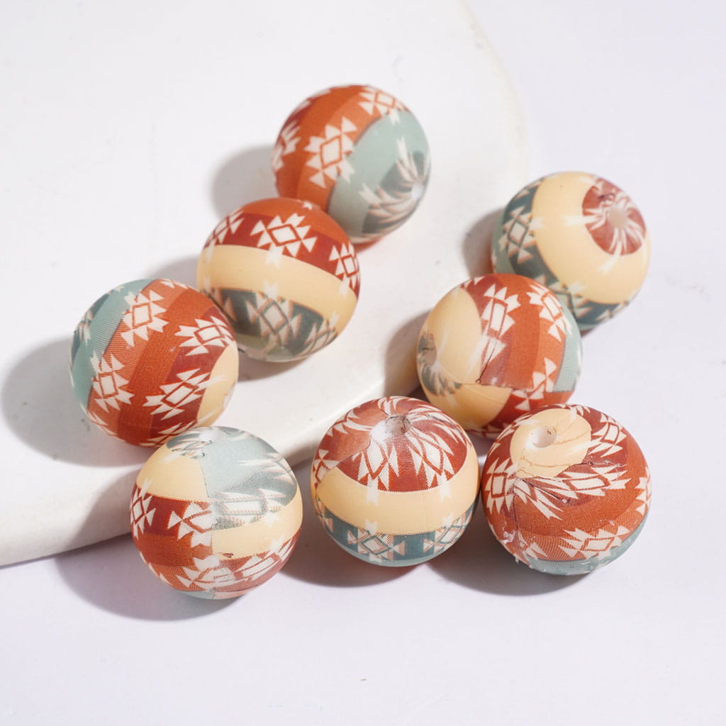 15MM- Traditional Aztec Print Design and Green Brown Stripes Pattern Printed Silicone Beads, Round for Bracelets and Necklace