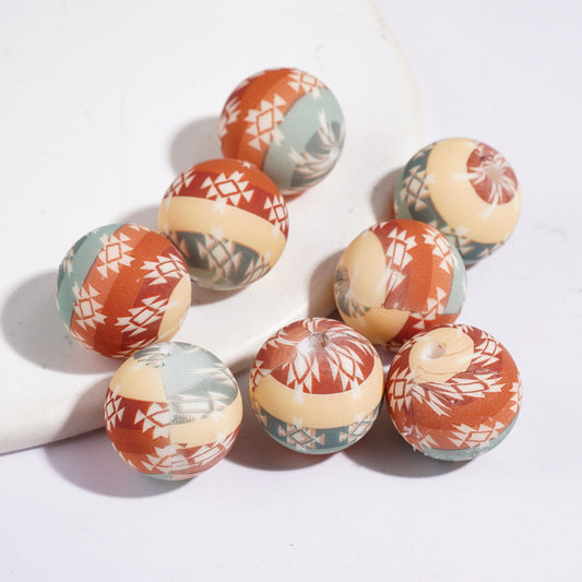 15MM- Traditional Aztec Print Design and Green Brown Stripes Pattern Printed Silicone Beads, Round for Bracelets and Necklace