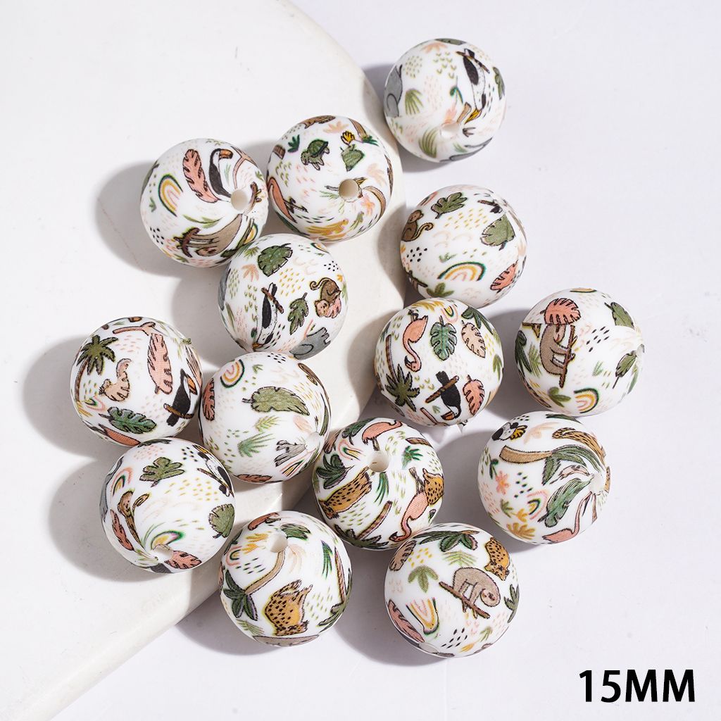 Printed Silicone Beads Soft Round with Wildlife Elephant Monkey Flamingo Leopard, 15MM