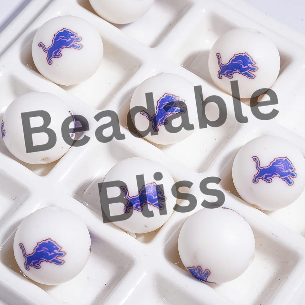 Printed Silicone Beads for DIY Bracelets with Blue Lion Prints, American Football Detroit, 15MM