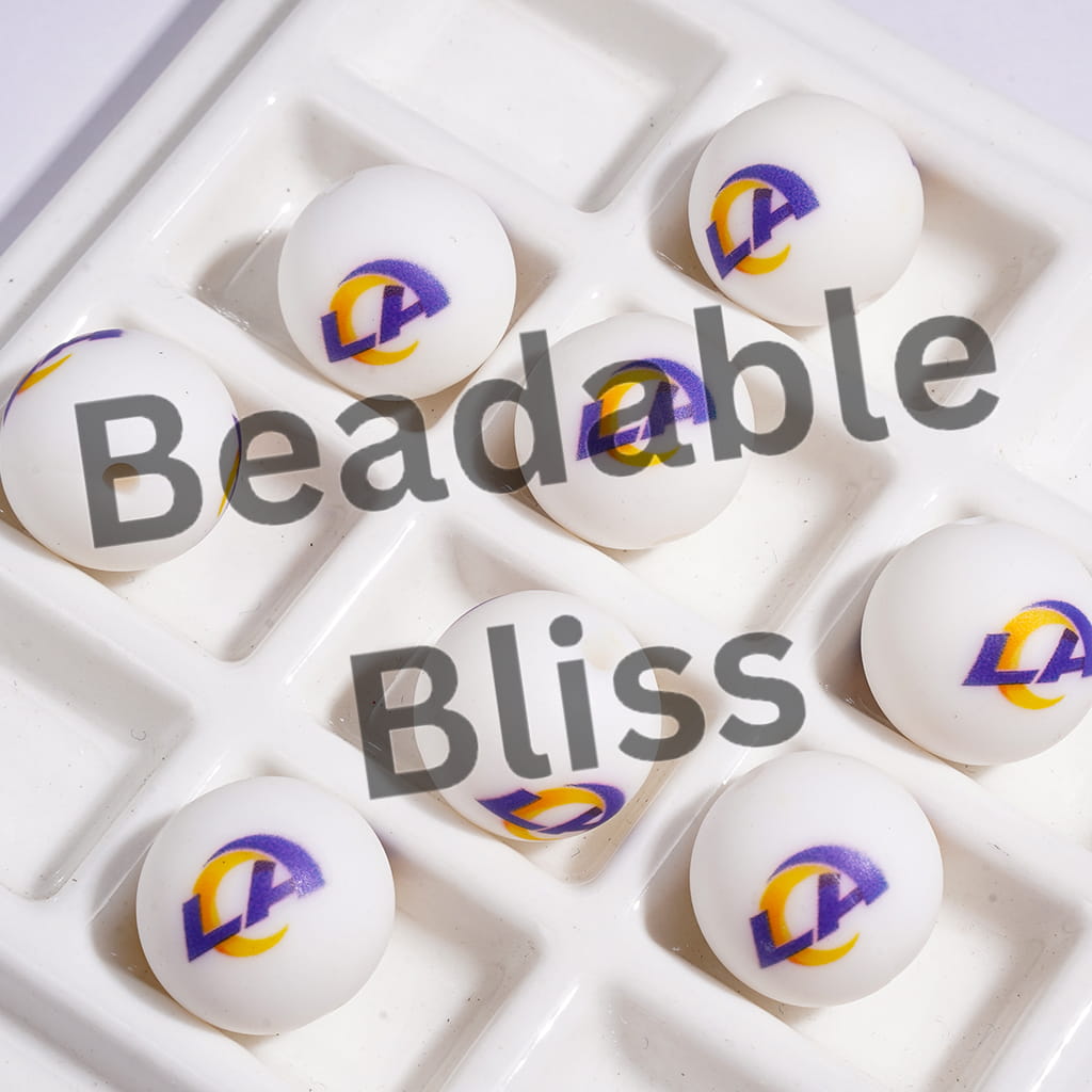 Printed Silicone Beads with Goat Horn Design, American LA Football Round Beads for DIY Bracelets and Necklaces, 15MM