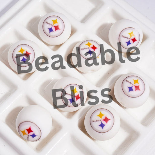 Printed Silicone Beads for DIY Bracelets American Football Pittsburgh Team, 15MM