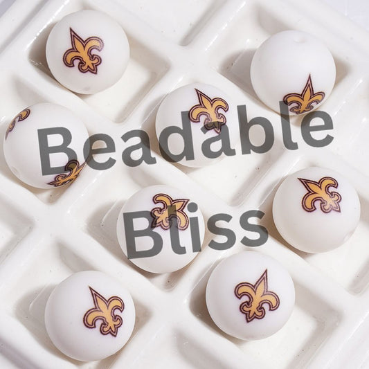 Printed Silicone Beads for DIY Bracelets with Golden Iris Coat of Arms Prints, American NOLA Football Team, 15MM