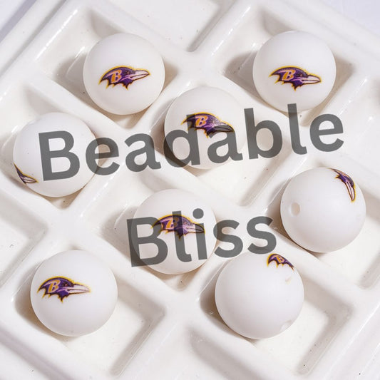 Crow Head Printed Silicone Beads for DIY Bracelets and Necklaces, Baltimore Football Team, 15MM