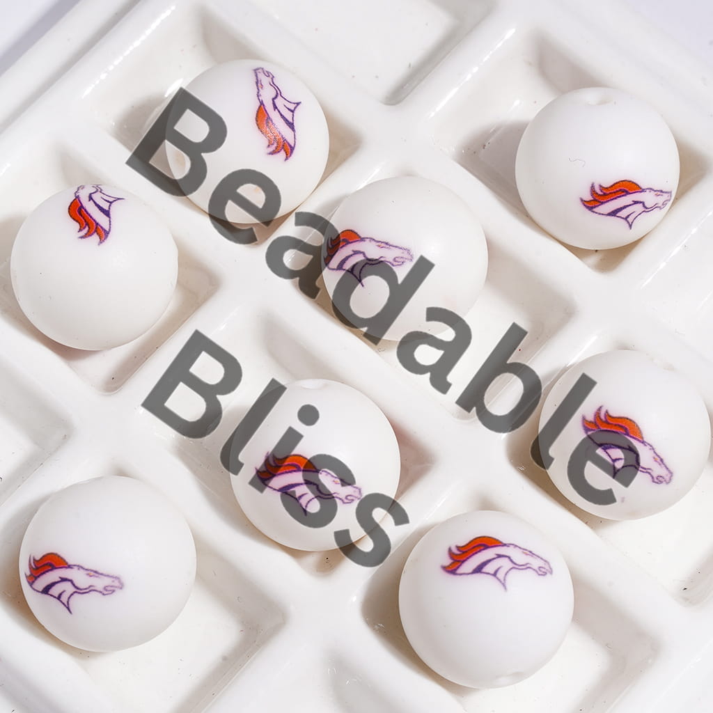 Printed Silicone Beads for DIY Bracelets with Horse Print, American Football Denver, 15MM