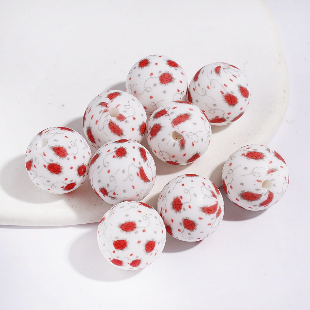Printed Silicone Beads Soft Round with Ladybug Prints, 15MM