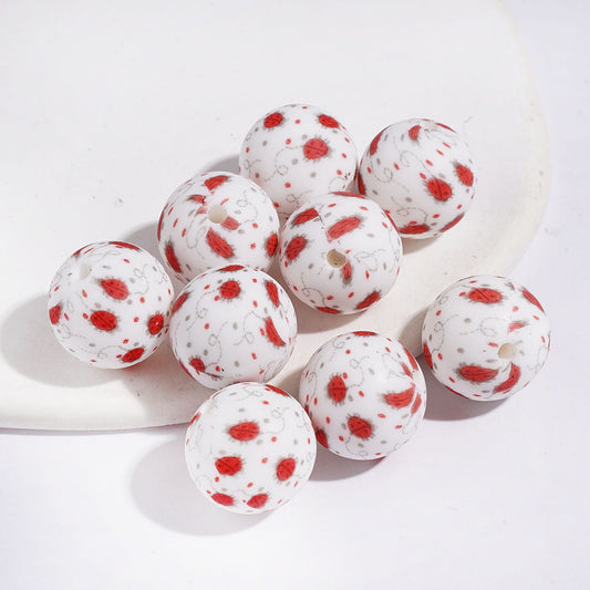 Printed Silicone Beads Soft Round with Ladybug Prints, 15MM