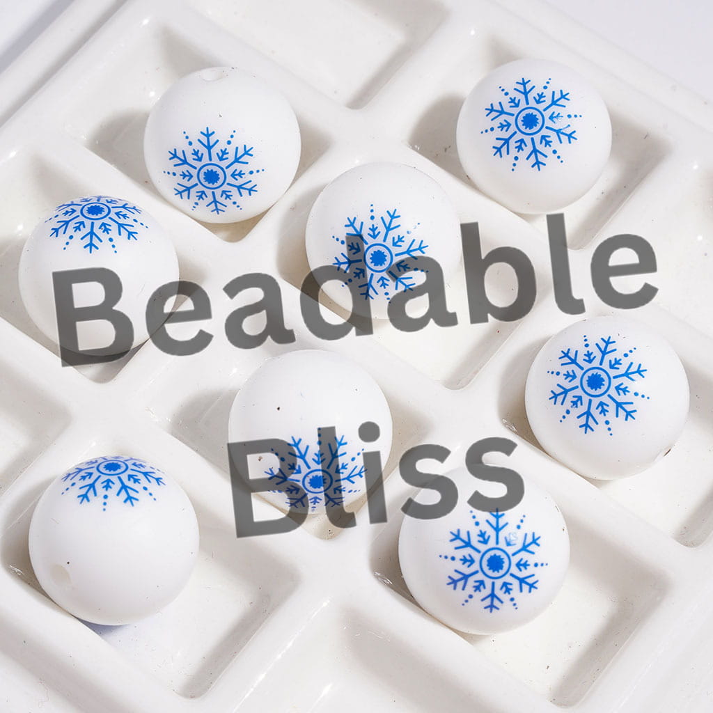 Printed Silicone Beads for DIY Bracelets with Blue Snowflake, 15MM