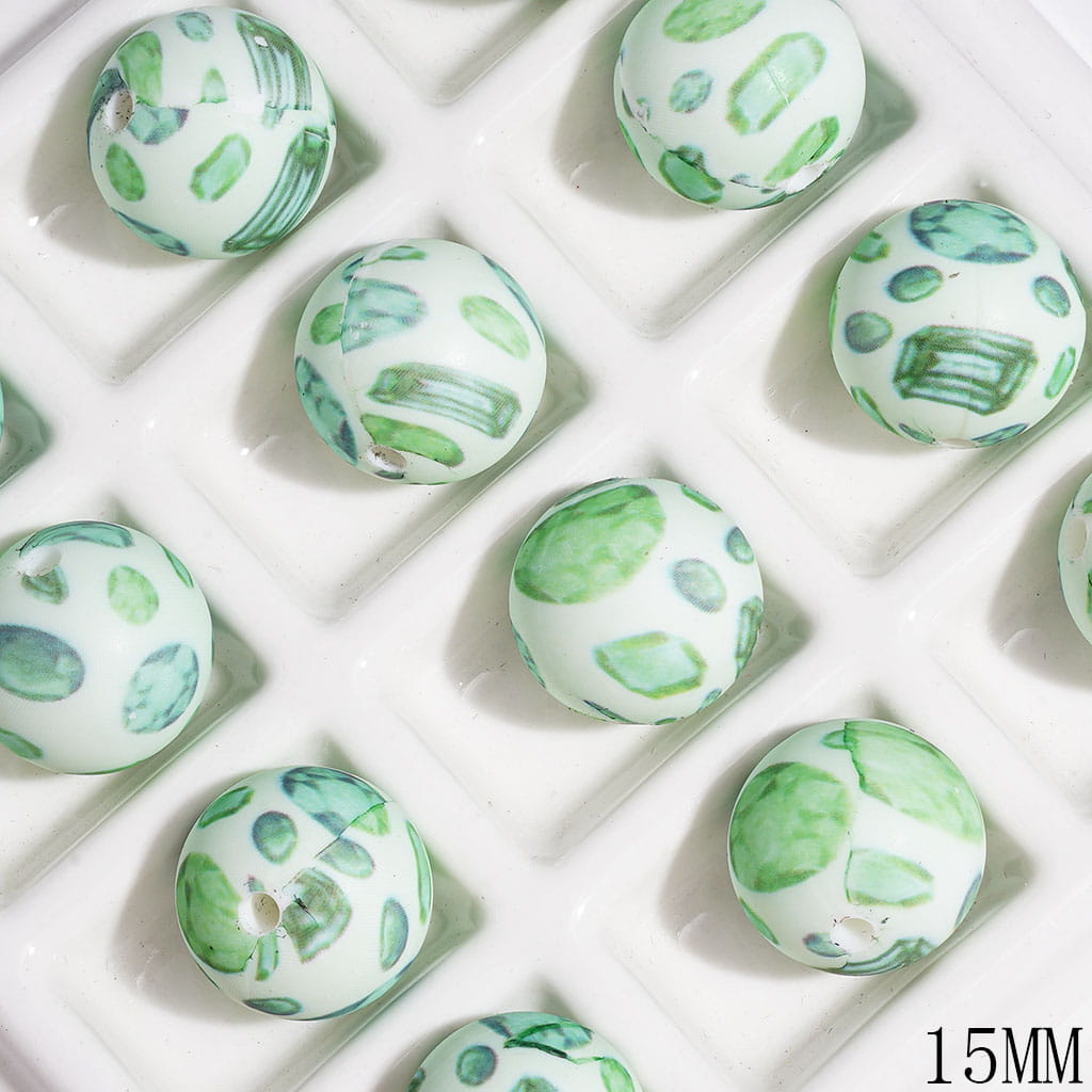 Printed Silicone Beads Round with Various Shaped Green Rhinestone Prints, 15MM