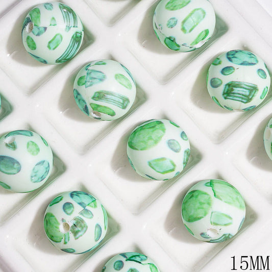 Printed Silicone Beads Round with Various Shaped Green Rhinestone Prints, 15MM