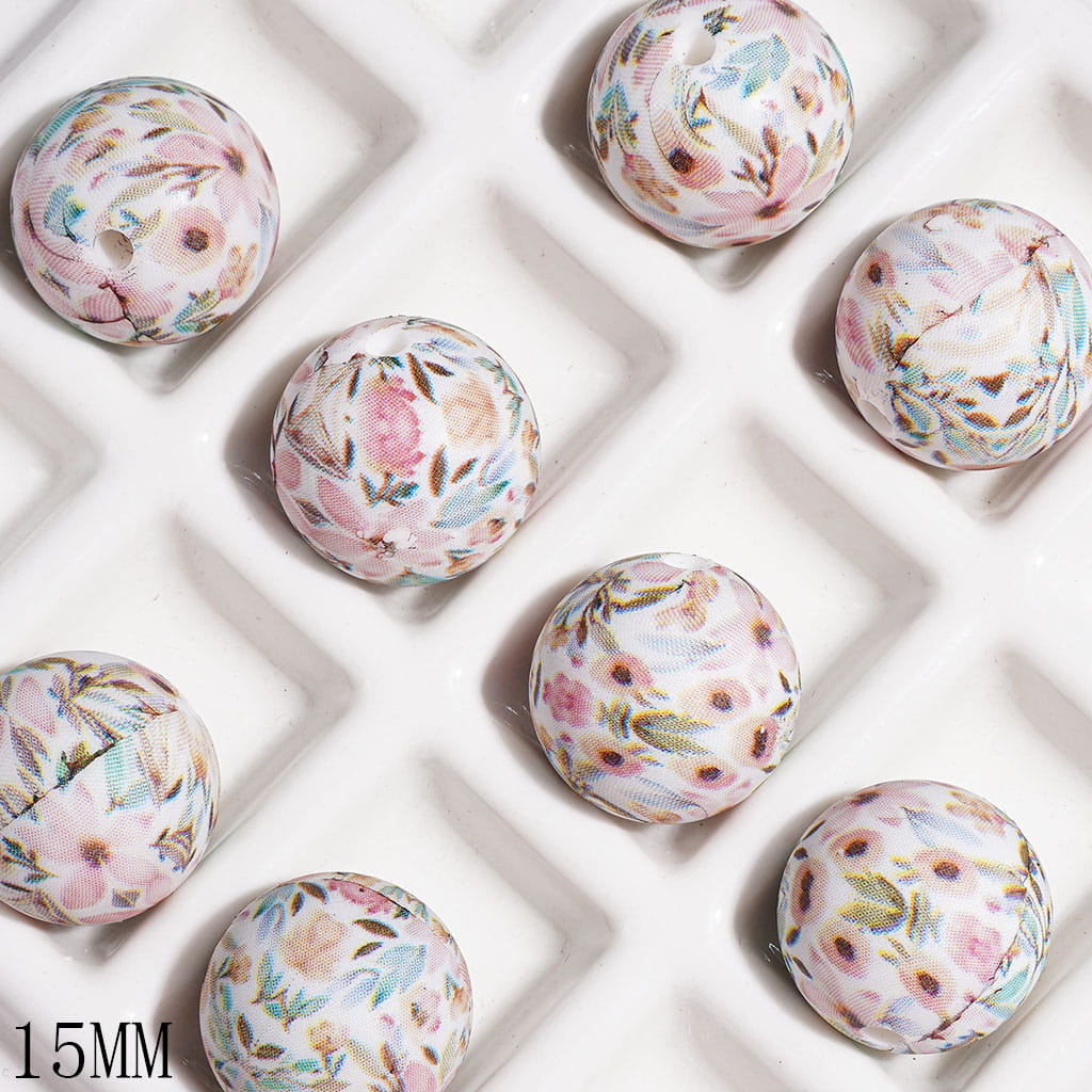 Printed Silicone Beads Round with Colorful Flower and Leaves Prints, 15MM