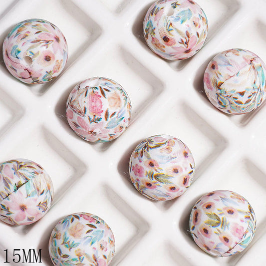 Printed Silicone Beads Round with Colorful Flower and Leaves Prints, 15MM