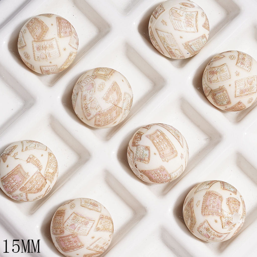 Printed Silicone Beads Round with Light Brown Book Prints, 15MM