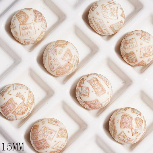 Printed Silicone Beads Round with Light Brown Book Prints, 15MM