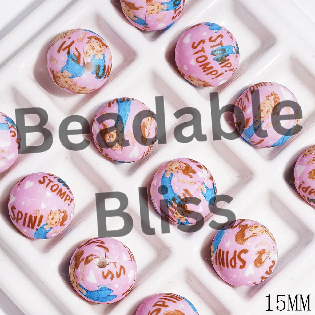 Printed Silicone Beads Round with Cartoon Characters Prints, 15MM
