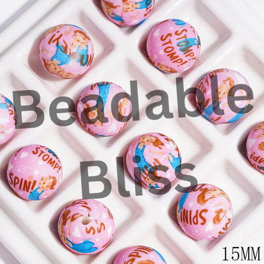 Printed Silicone Beads Round with Cartoon Characters Prints, 15MM