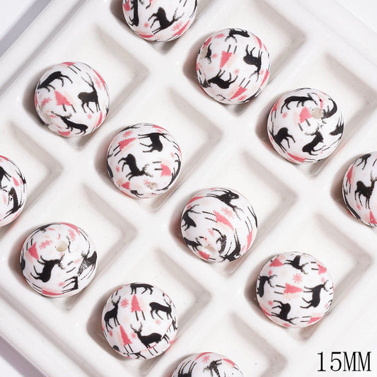 Printed Silicone Beads Round with Black Deer and Tree Prints, 15MM