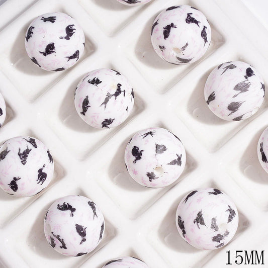 Printed Silicone Beads Round with Black Rabbit and Light Pink Flower Leaves Prints, 15MM