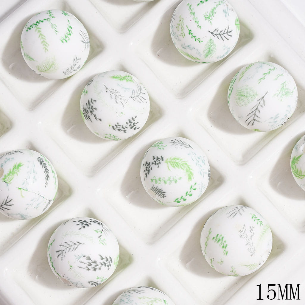 Printed Silicone Beads Round with Light Green Pteridophyte Prints, 15MM