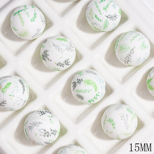 Printed Silicone Beads Round with Light Green Pteridophyte Prints, 15MM