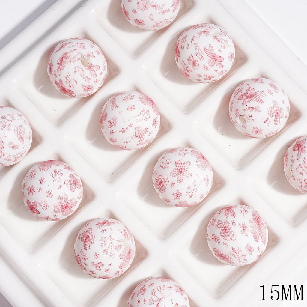 Printed Silicone Beads Round with Pink Flower Prints, 15MM