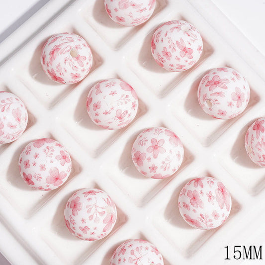 Printed Silicone Beads Round with Pink Flower Prints, 15MM