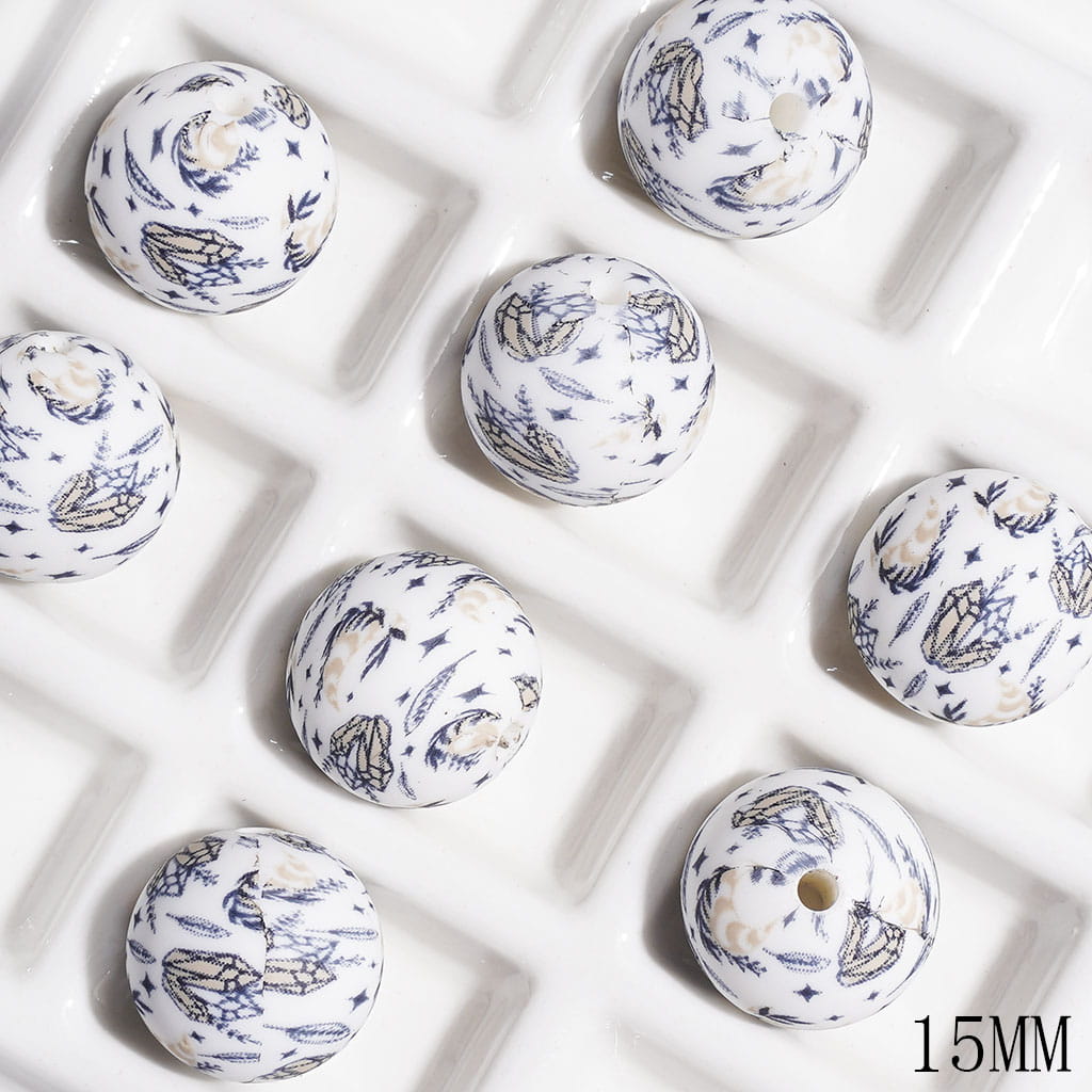 Printed Silicone Beads with Crystal and Star and Leaves and Feather Patterns, 15MM