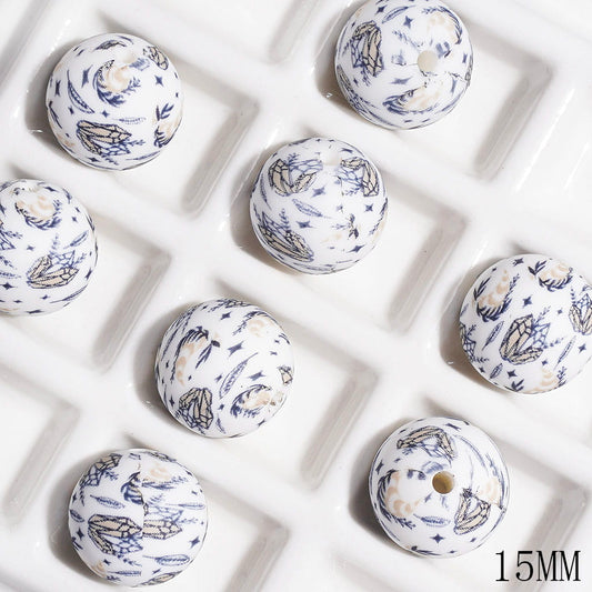 Printed Silicone Beads with Crystal and Star and Leaves and Feather Patterns, 15MM
