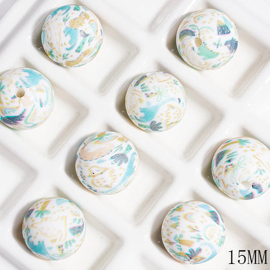 Dinosaur & Mountain & Tree & Rainbow Patterns Printed Silicone Beads, 15MM