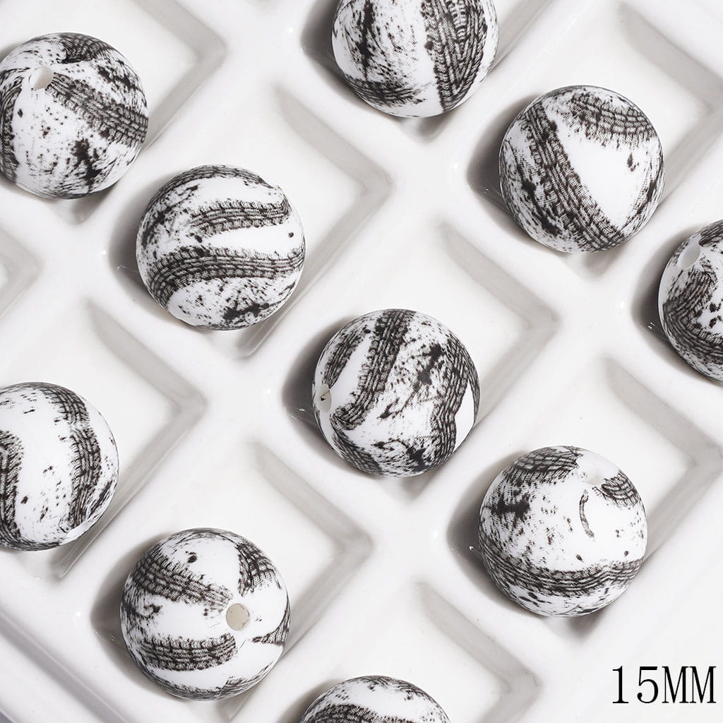Printed Silicone Beads with Black White Sketch Fence Pattern, 15MM