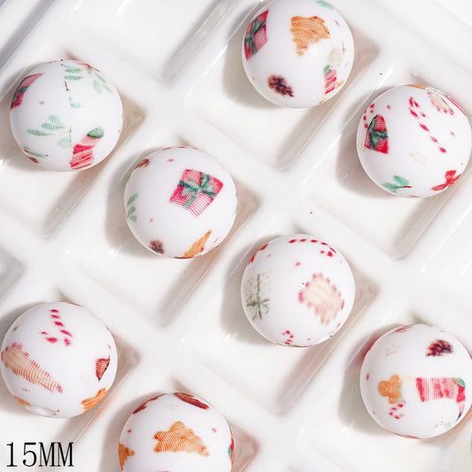 Christmas Gift Box & Red Bow & Tree & Stocking Patterns Printed Silicone Beads, 15MM