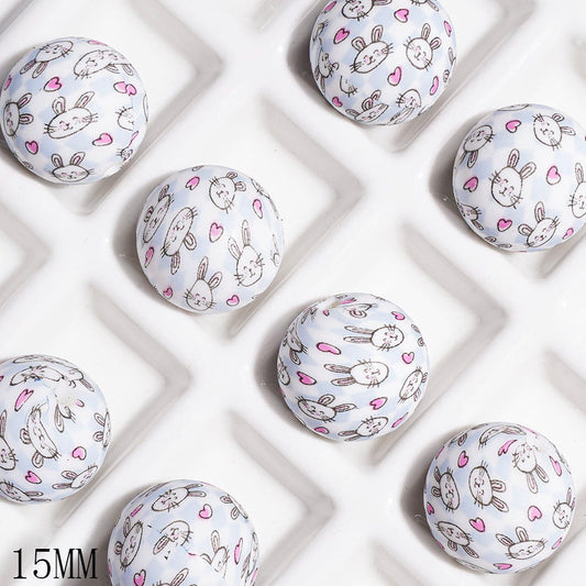 Printed Silicone Beads with Cute Rabbit Head and Pink Hearts Patterns, 15MM