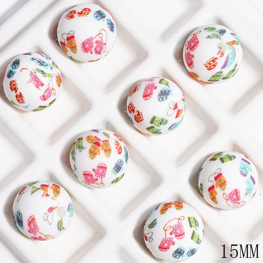 Printed Silicone Beads with Winter Colorful Christmas Gloves Patterns, 15MM