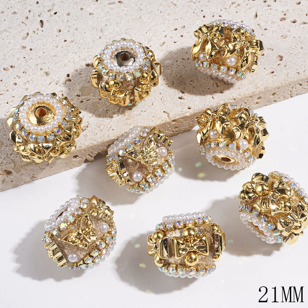 Handmade Acrylic Beads with Gold Butterfly and Bowtie Series, AB and White Pearl Chains, 21MM Random Mix