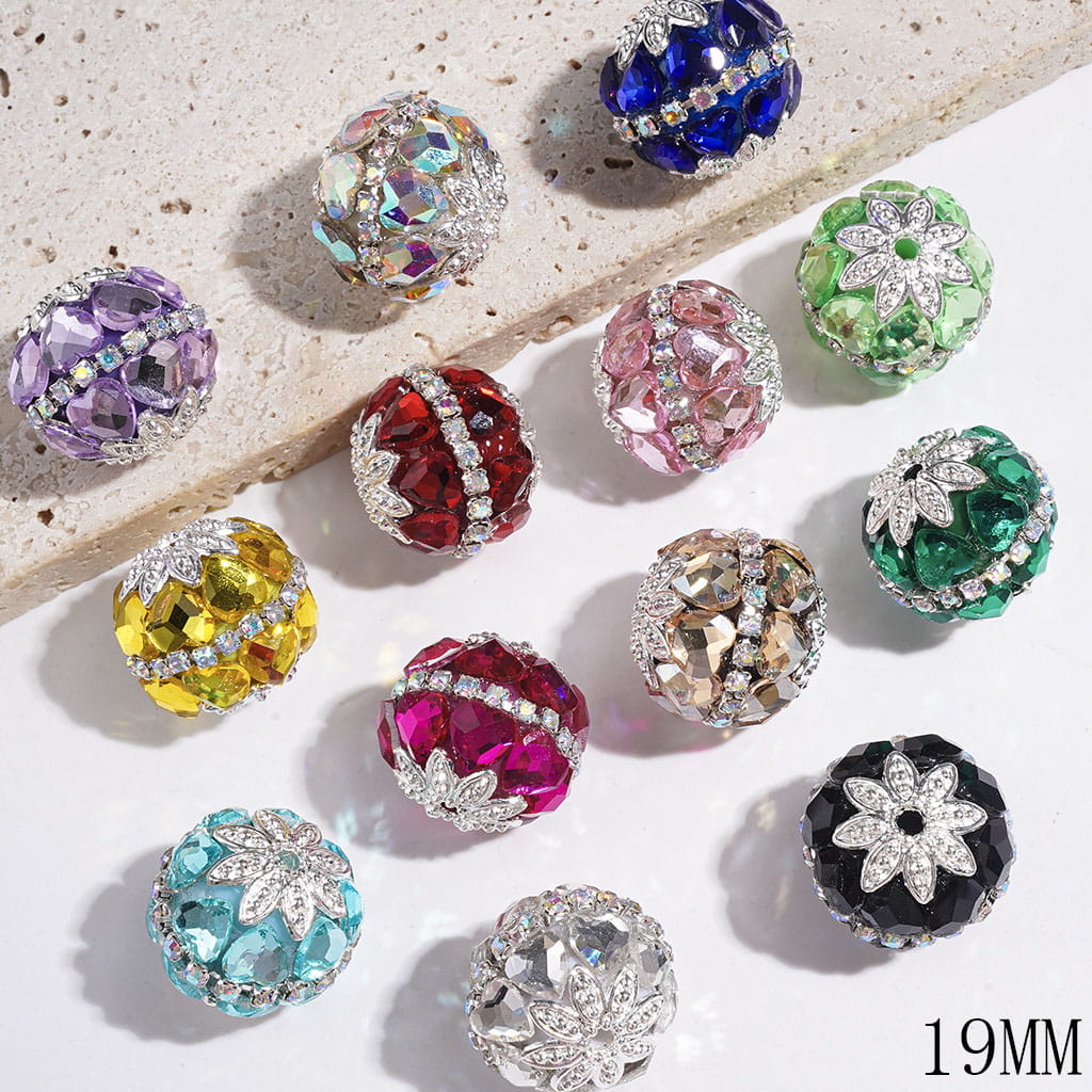 Handmade Acrylic Beads with Heart Rhinestones and Silver Space, AB Chains, 19MM, Multi-Color, Random Mix