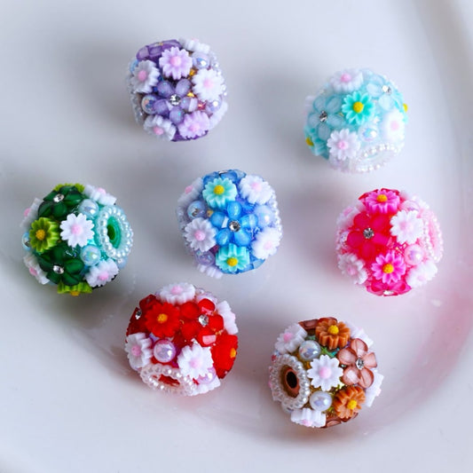 Mini Cute Flowers White Pearls Loop Clear Rhinestones Round Acrylic Beads, Around 20MM