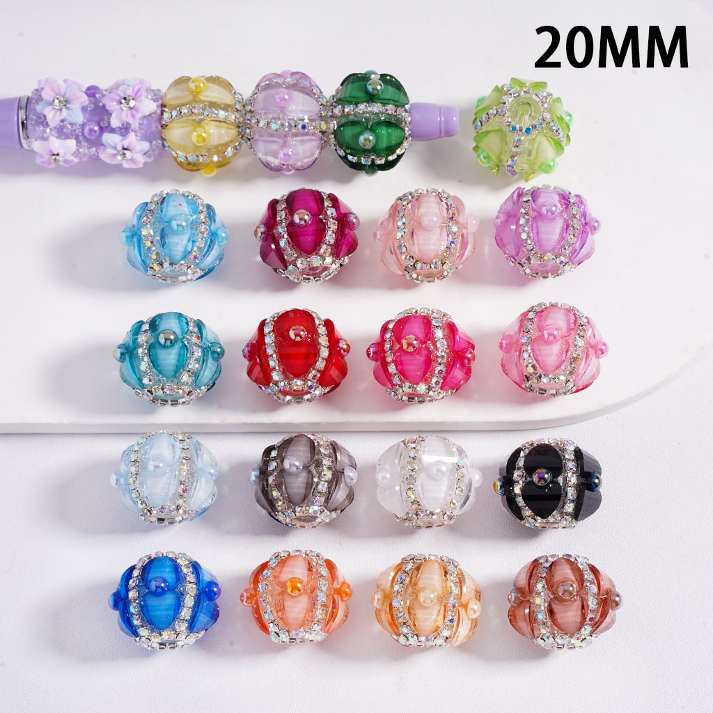 Colorful beaded accessories with a white background and '20MM' text.

