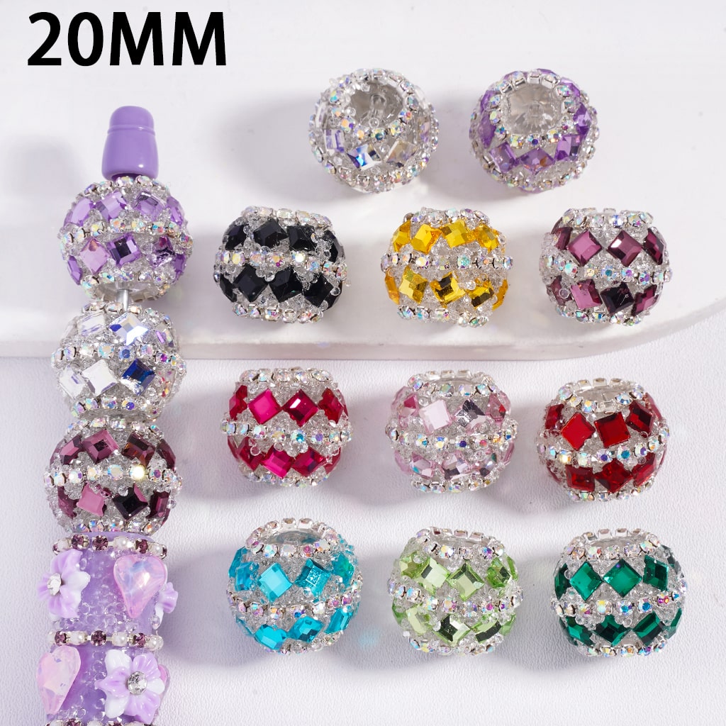 Assorted colorful beads with a '20MM' label on a white background