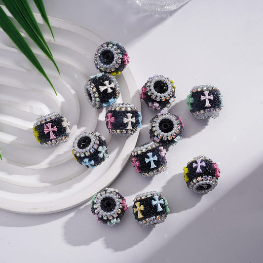 Sugar Acrylic Beads with Glossy Cross and Clear Cone Shape Rhinestones, AB Rhinestones & White Pearl Chains, 20MM