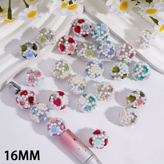 Acrylic Beads with White Pearls and Heart Rhinestones Rose Flowers, 16MM, Random Mix