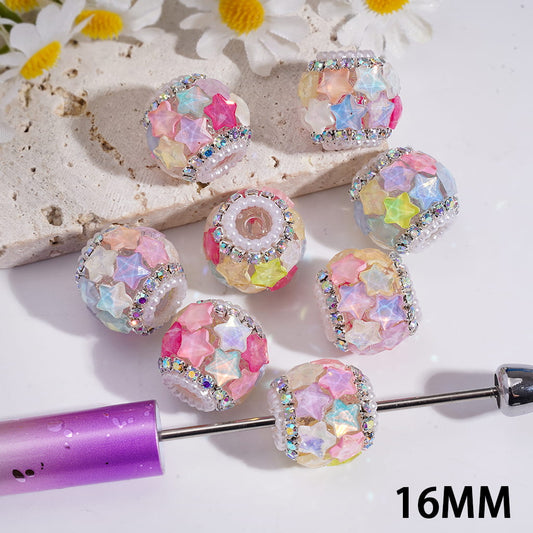 Acrylic Beads with Fantasy Iridescent Five-Pointed Star Rhinestones, AB Rhinestone and White Pearl Chains, 16MM, Random Mix