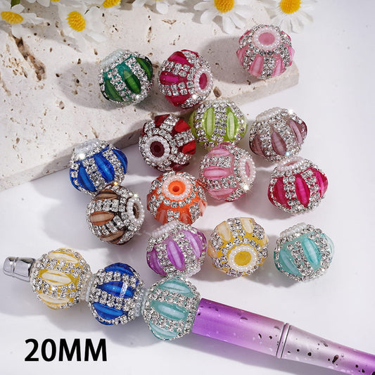 Acrylic Beads Pumpkin Shape with Leaf Rhinestones, Clear Rhinestone and White Pearl Chains, 20MM, Random Mix